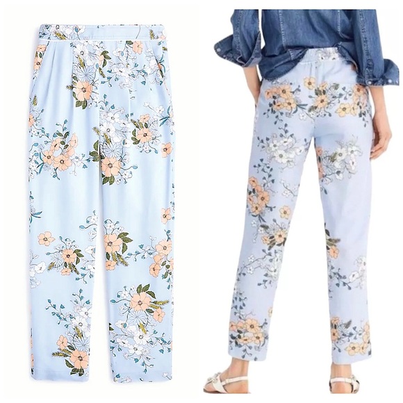 J Crew Garden Floral Sky Blue High Waist Flowy Ankle Pants - Picture 1 of 9